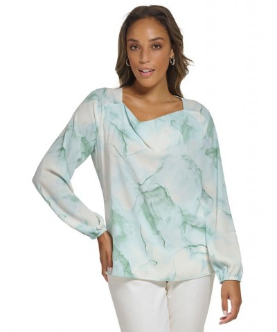 Women's Marble-Print Cowl Neck Top Jadeite Multi $43.61 Tops