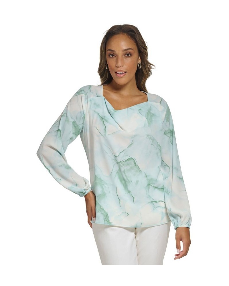 Women's Marble-Print Cowl Neck Top Jadeite Multi $43.61 Tops