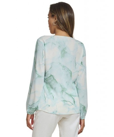 Women's Marble-Print Cowl Neck Top Jadeite Multi $43.61 Tops