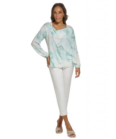 Women's Marble-Print Cowl Neck Top Jadeite Multi $43.61 Tops