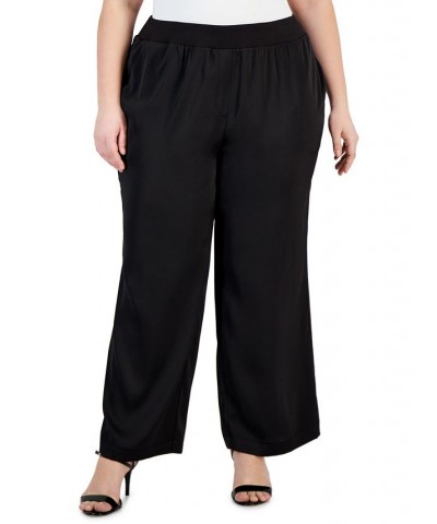 Plus Size Wide Leg Ribbed Trim Pants Black $35.85 Pants