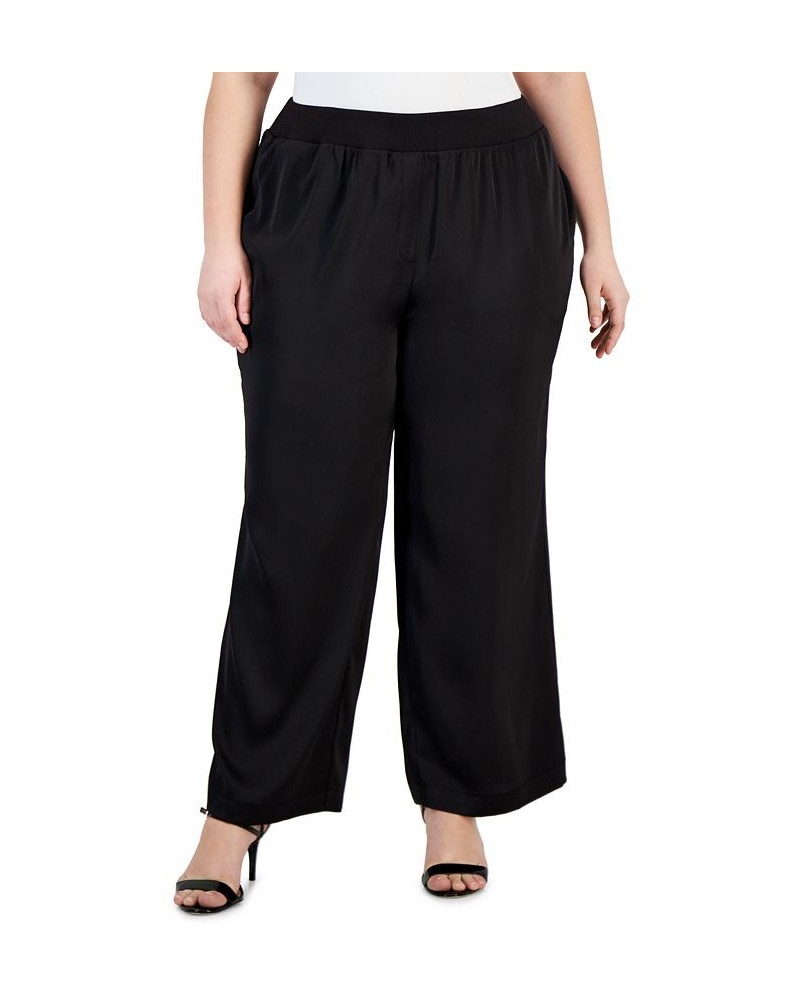 Plus Size Wide Leg Ribbed Trim Pants Black $35.85 Pants