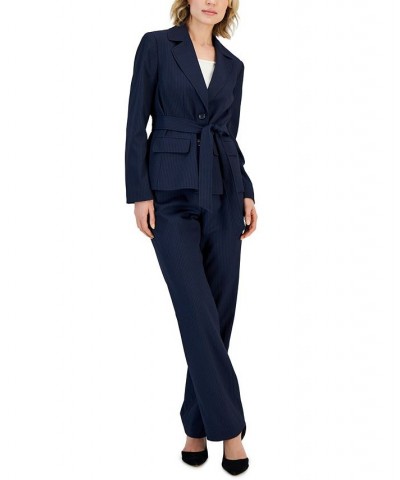 Women's Belted Pinstripe Blazer & Pants Blue $69.70 Suits