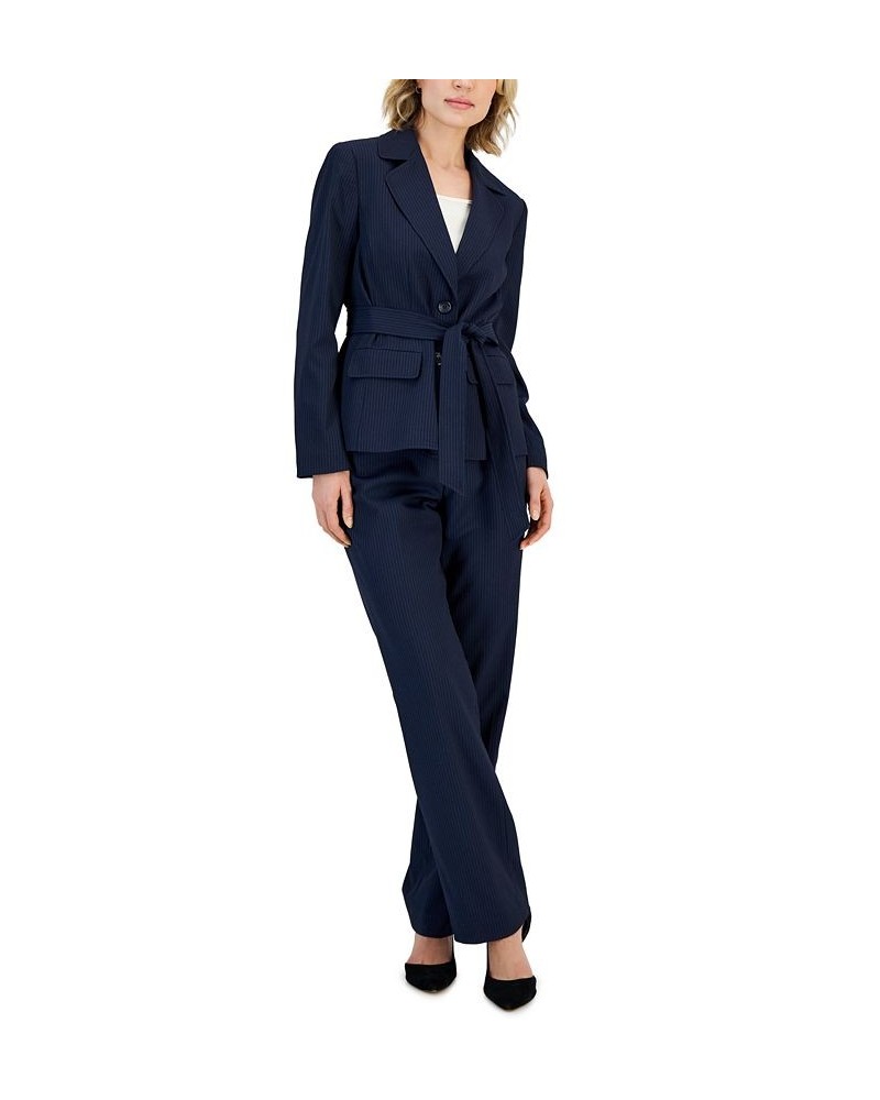 Women's Belted Pinstripe Blazer & Pants Blue $69.70 Suits