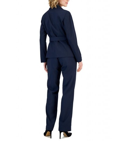 Women's Belted Pinstripe Blazer & Pants Blue $69.70 Suits