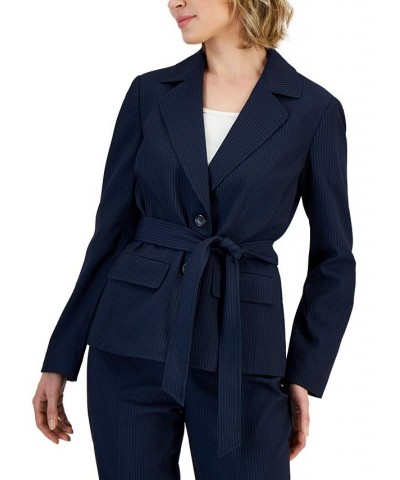 Women's Belted Pinstripe Blazer & Pants Blue $69.70 Suits