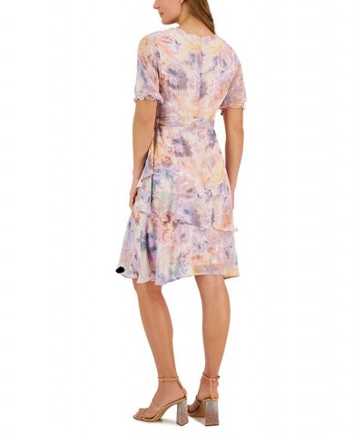 Satin Shadow Striped Faux-Wrap Chiffon Dress Pastel Floral $37.73 Dresses