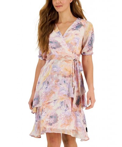 Satin Shadow Striped Faux-Wrap Chiffon Dress Pastel Floral $37.73 Dresses