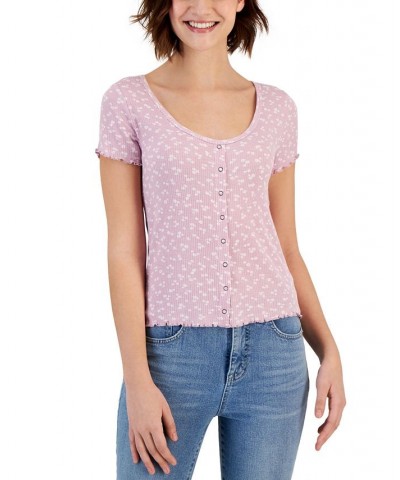 Juniors' Lettuce-Edge Printed Scoop-Neck Top Pink $10.06 Tops