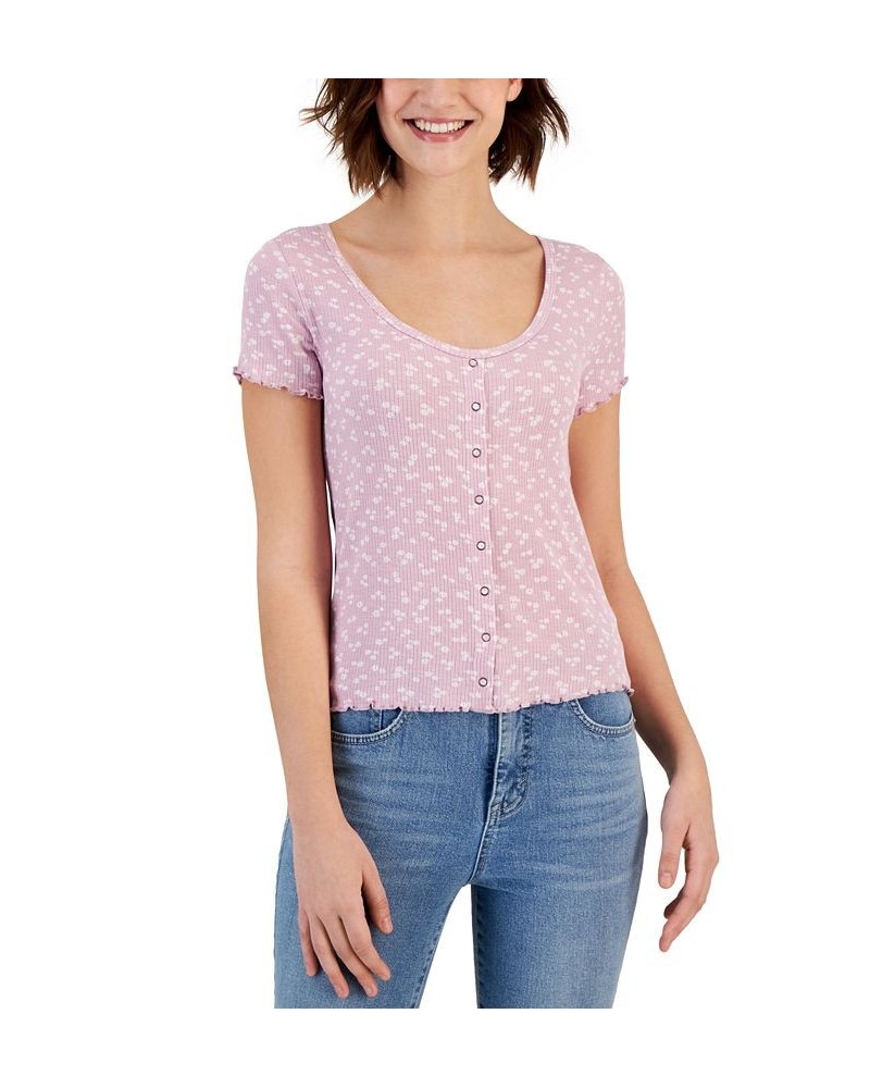 Juniors' Lettuce-Edge Printed Scoop-Neck Top Pink $10.06 Tops