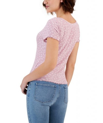 Juniors' Lettuce-Edge Printed Scoop-Neck Top Pink $10.06 Tops