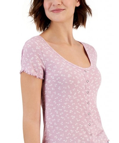 Juniors' Lettuce-Edge Printed Scoop-Neck Top Pink $10.06 Tops