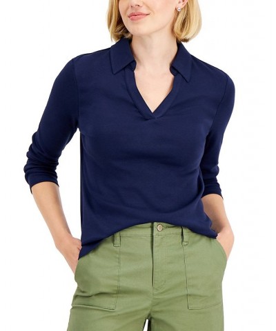 Women's Cotton Johnny Collar T-Shirt Intrepid Blue $14.24 Tops