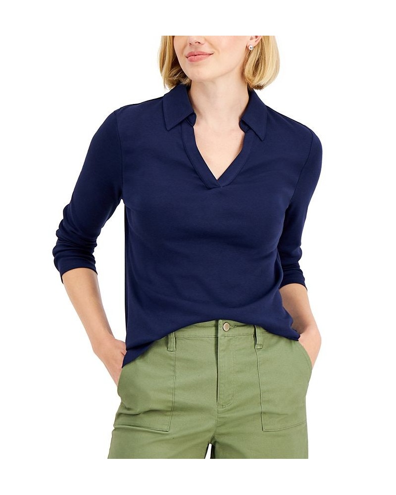 Women's Cotton Johnny Collar T-Shirt Intrepid Blue $14.24 Tops