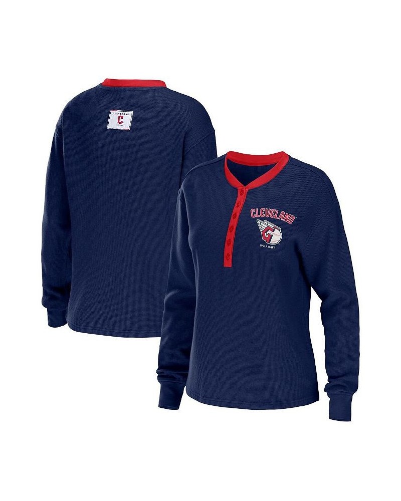 Women's Navy Cleveland Guardians Waffle Henley Long Sleeve T-shirt Navy $28.20 T-Shirts