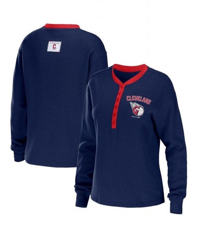 Women's Navy Cleveland Guardians Waffle Henley Long Sleeve T-shirt Navy $28.20 T-Shirts