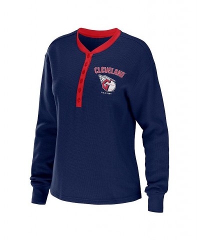 Women's Navy Cleveland Guardians Waffle Henley Long Sleeve T-shirt Navy $28.20 T-Shirts