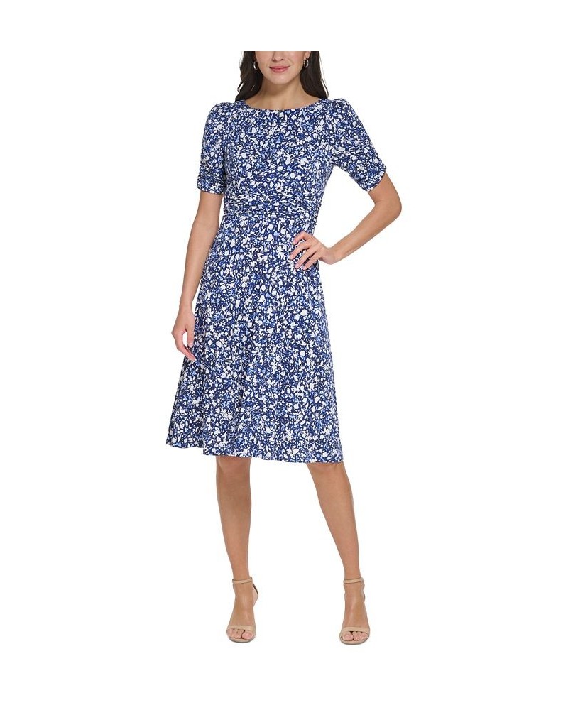 Petite Floral-Print Gathered Ruched-Sleeve Fit & Flare Dress Navy $53.41 Dresses