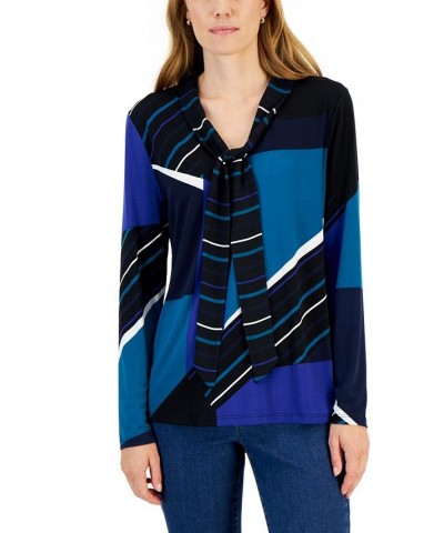 Colorblock Tie Neck Blouse Electric Teal Combo $12.53 Tops