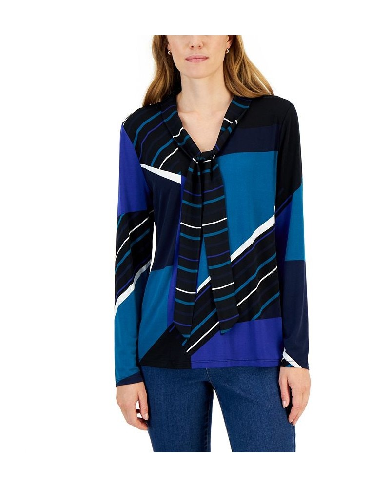 Colorblock Tie Neck Blouse Electric Teal Combo $12.53 Tops