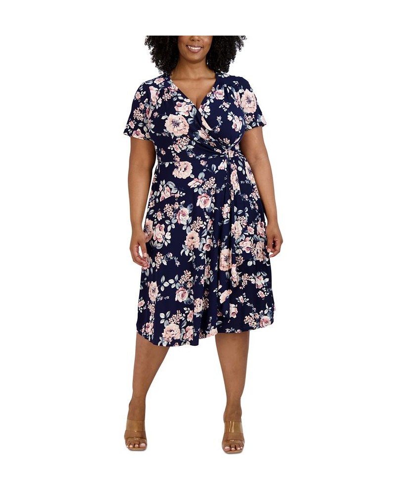 Plus Size Floral-Print Faux-Wrap Dress Navy/Mauve $42.72 Dresses