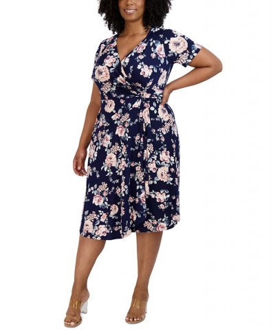 Plus Size Floral-Print Faux-Wrap Dress Navy/Mauve $42.72 Dresses