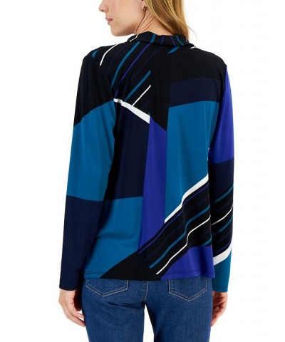 Colorblock Tie Neck Blouse Electric Teal Combo $12.53 Tops