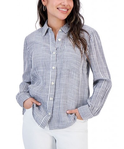 Women's Gauze Cotton Printed Button-Up Shirt Navy Stripe $15.99 Tops