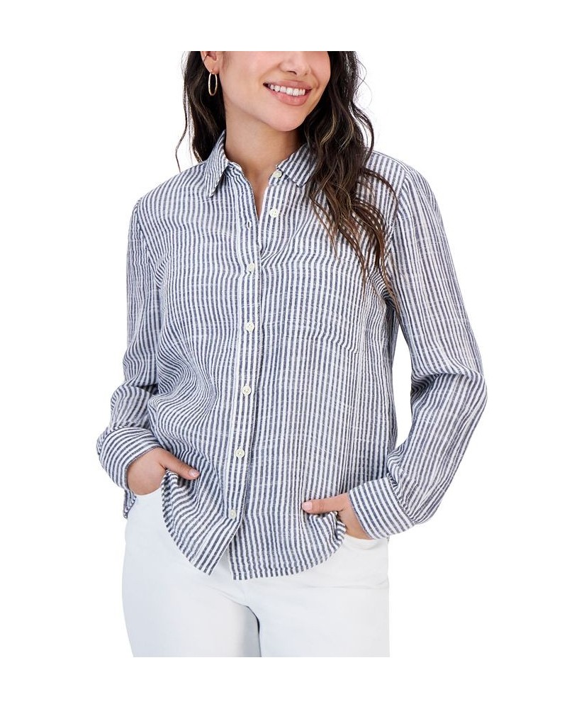 Women's Gauze Cotton Printed Button-Up Shirt Navy Stripe $15.99 Tops