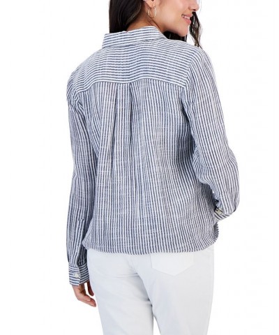 Women's Gauze Cotton Printed Button-Up Shirt Navy Stripe $15.99 Tops