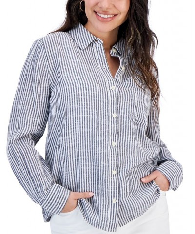 Women's Gauze Cotton Printed Button-Up Shirt Navy Stripe $15.99 Tops