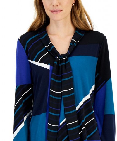 Colorblock Tie Neck Blouse Electric Teal Combo $12.53 Tops