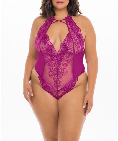 Plus Size High Neck Soft Embroidered Teddy with Crossing Elastic Details Festival Fuchsia $23.74 Lingerie