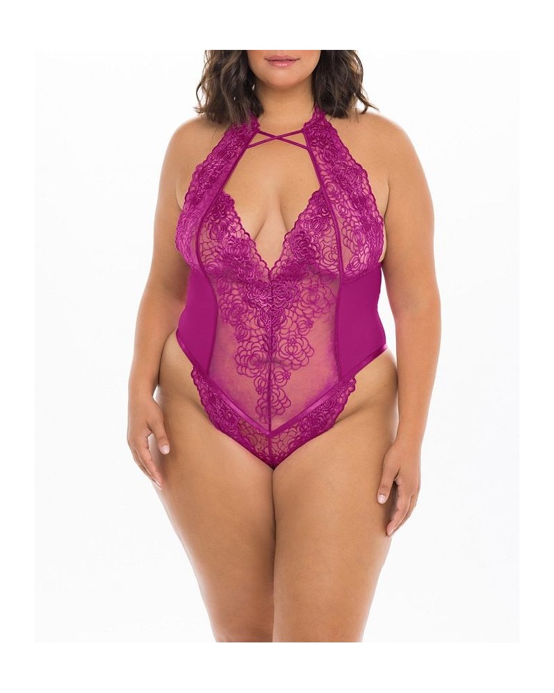 Plus Size High Neck Soft Embroidered Teddy with Crossing Elastic Details Festival Fuchsia $23.74 Lingerie