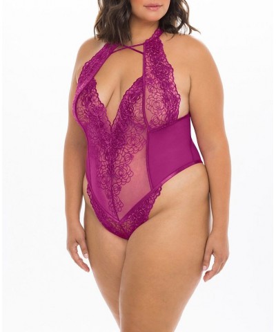 Plus Size High Neck Soft Embroidered Teddy with Crossing Elastic Details Festival Fuchsia $23.74 Lingerie