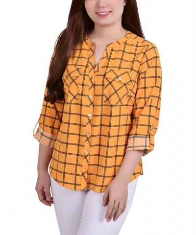 Petite 3/4 Sleeve Roll Tab Y Neck Blouse Golden Glow And Black Roomtile $14.40 Tops