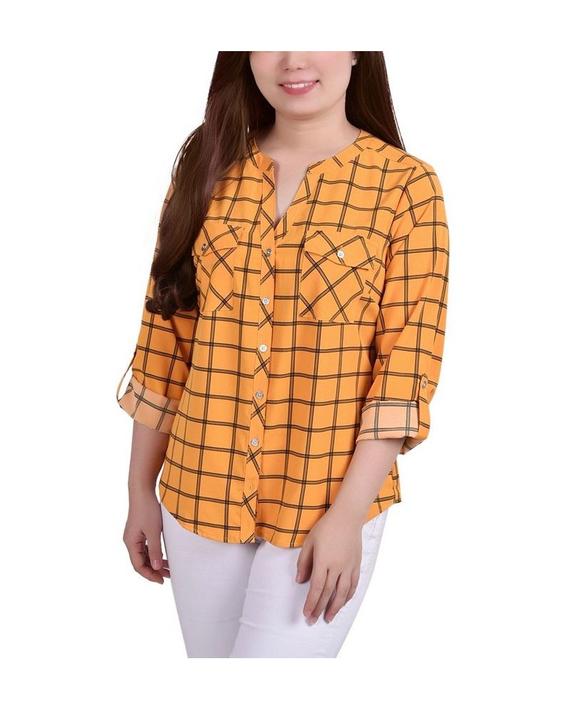 Petite 3/4 Sleeve Roll Tab Y Neck Blouse Golden Glow And Black Roomtile $14.40 Tops