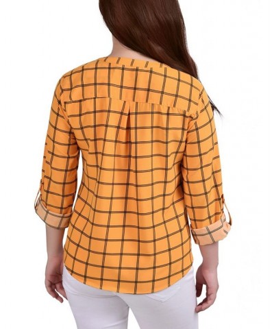 Petite 3/4 Sleeve Roll Tab Y Neck Blouse Golden Glow And Black Roomtile $14.40 Tops