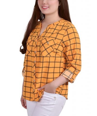 Petite 3/4 Sleeve Roll Tab Y Neck Blouse Golden Glow And Black Roomtile $14.40 Tops