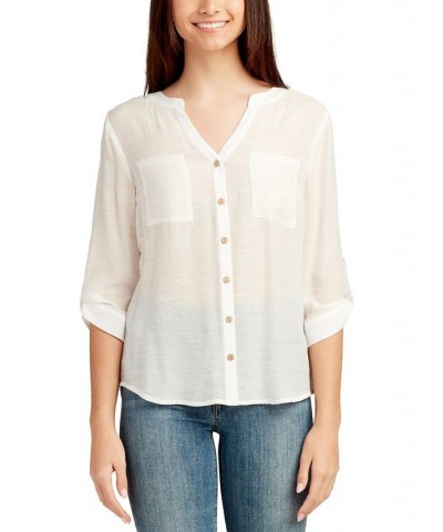 Juniors' Button-Down Two-Pocket Shirt Off White $21.07 Tops