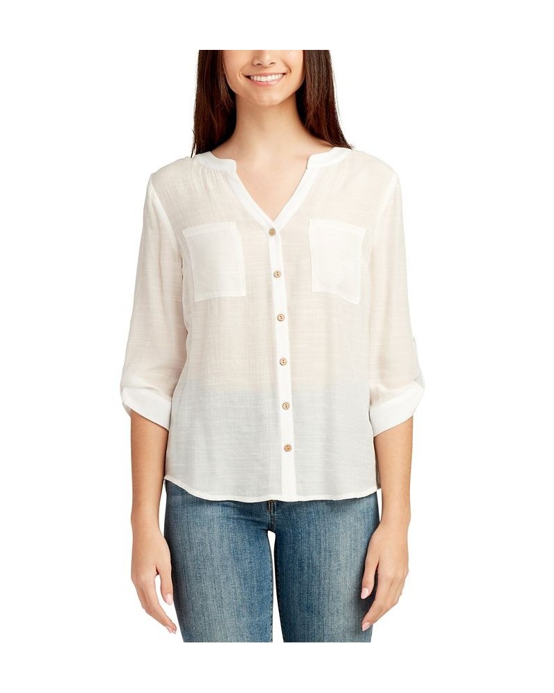 Juniors' Button-Down Two-Pocket Shirt Off White $21.07 Tops