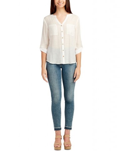 Juniors' Button-Down Two-Pocket Shirt Off White $21.07 Tops