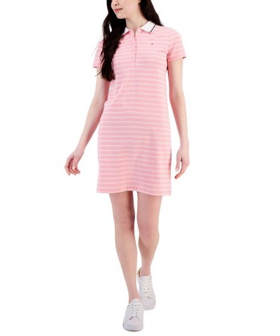 Women's Short-Sleeve Striped Polo Dress Dual Stripe- English Rose/ Bright White $23.72 Dresses