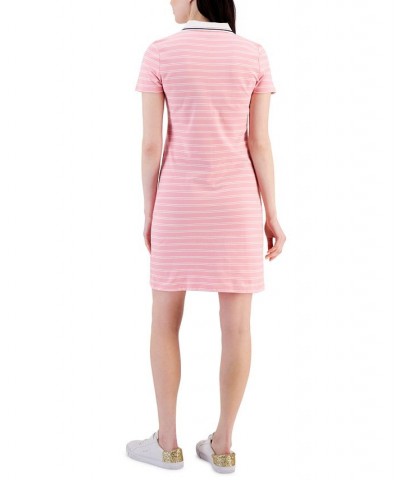 Women's Short-Sleeve Striped Polo Dress Dual Stripe- English Rose/ Bright White $23.72 Dresses