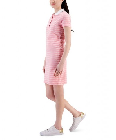 Women's Short-Sleeve Striped Polo Dress Dual Stripe- English Rose/ Bright White $23.72 Dresses