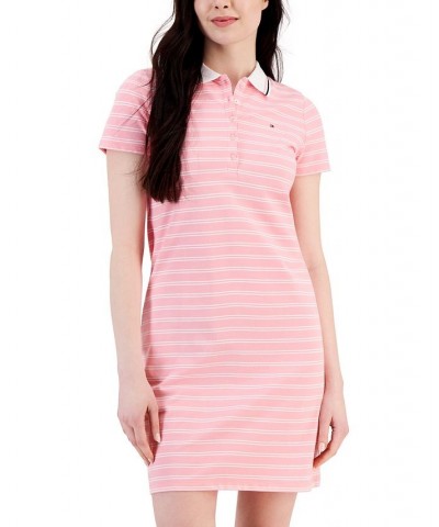 Women's Short-Sleeve Striped Polo Dress Dual Stripe- English Rose/ Bright White $23.72 Dresses