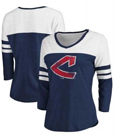 Women's Cleveland Indians Two-Toned Distressed Cooperstown Collection Tri-Blend 3/4 Sleeve V-Neck T-shirt Heather Navy $25.30...