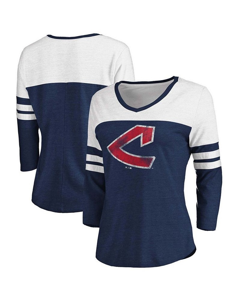 Women's Cleveland Indians Two-Toned Distressed Cooperstown Collection Tri-Blend 3/4 Sleeve V-Neck T-shirt Heather Navy $25.30...