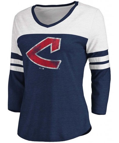 Women's Cleveland Indians Two-Toned Distressed Cooperstown Collection Tri-Blend 3/4 Sleeve V-Neck T-shirt Heather Navy $25.30...