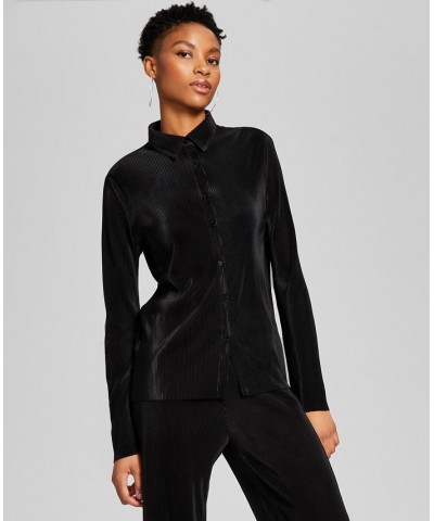 Women's Long-Sleeve Collared Plissé Shirt Black $17.28 Tops